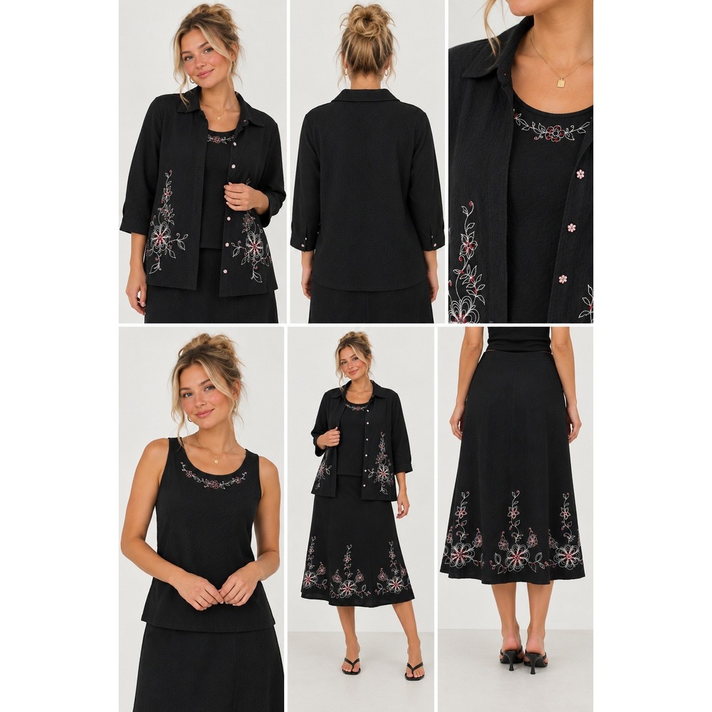 Koret Petite 3 Piece Skirt Set Black Floral Embroidered Jacket Tank Skirt PM M
